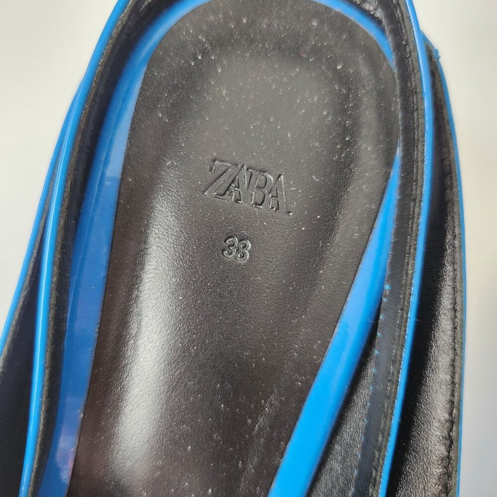 Zara Blue Patent Leather Pointed Toe Kitten Heel Wedge Slingback Shoes Size 38 - Picture 11 of 16
